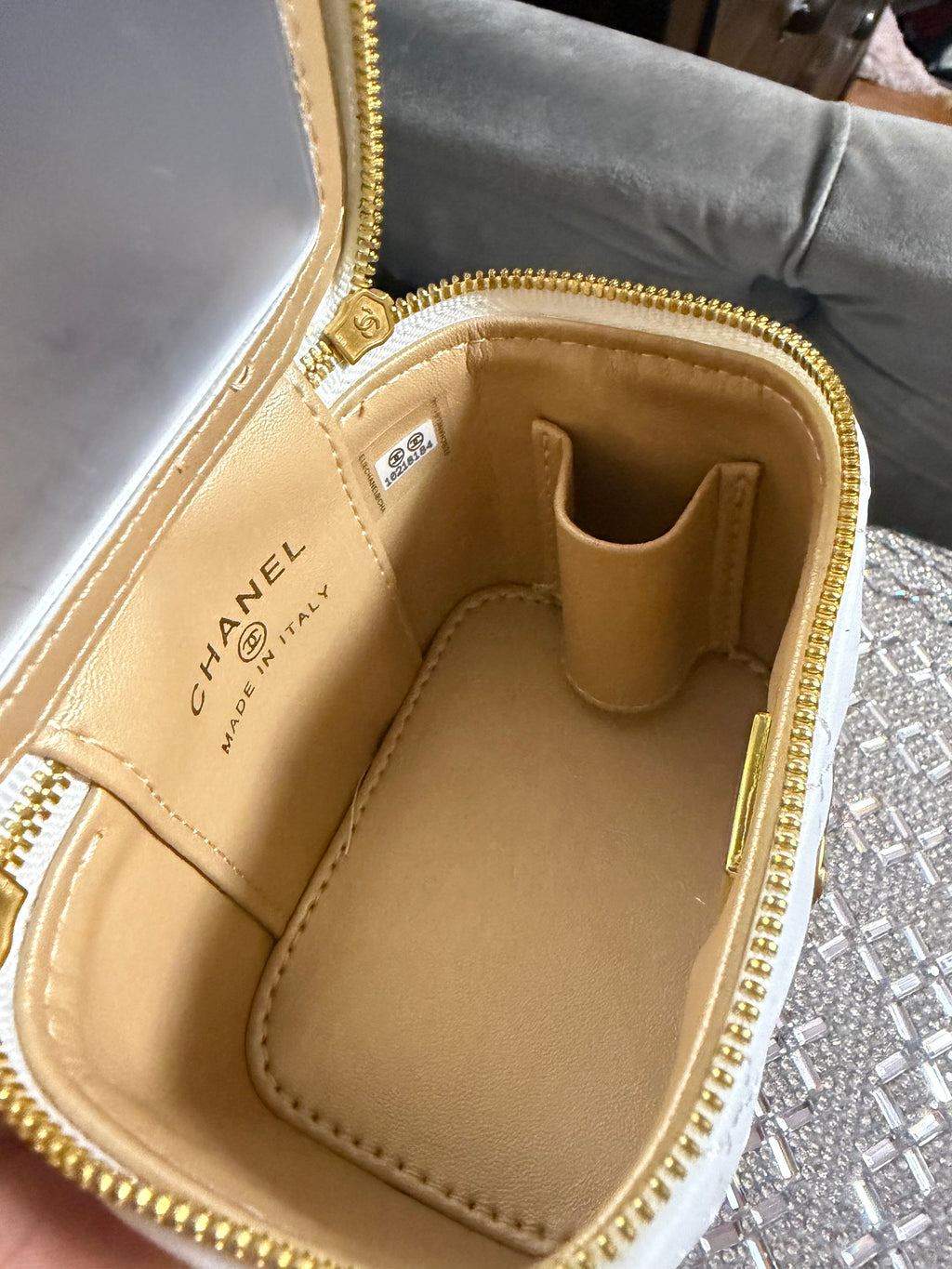 White mini CC vanity bag